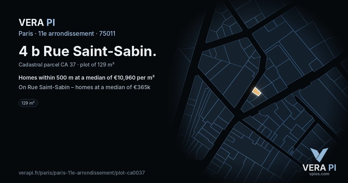 4 b Rue Saint-Sabin, 11e arrondissement at night – the plot lit, the parcels around coloured by the prices near them