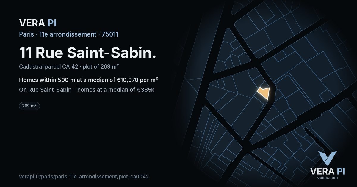 11 Rue Saint-Sabin, 11e arrondissement at night – the plot lit, the parcels around coloured by the prices near them