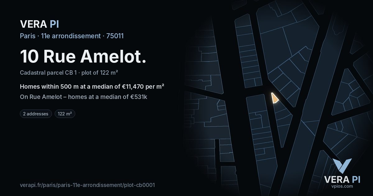 10 Rue Amelot, 11e arrondissement at night – the plot lit, the parcels around coloured by the prices near them