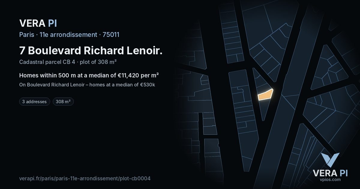 7 Boulevard Richard Lenoir, 11e arrondissement at night – the plot lit, the parcels around coloured by the prices near them