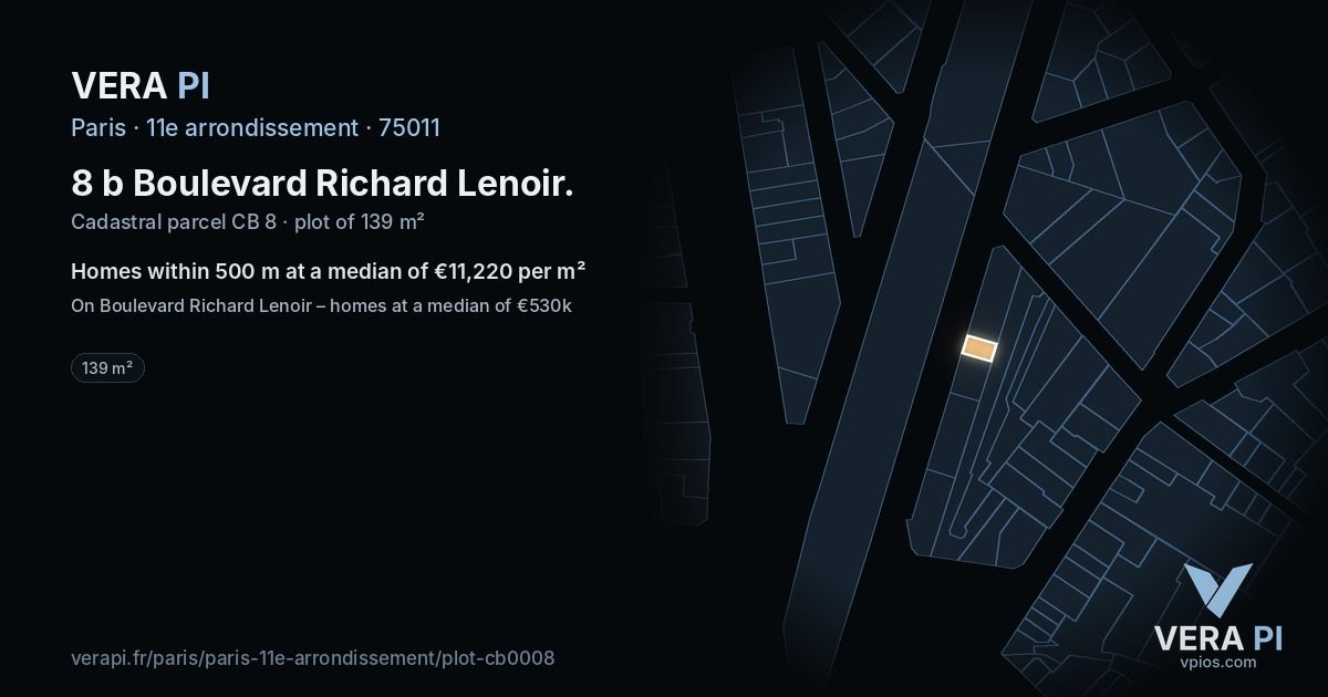 8 b Boulevard Richard Lenoir, 11e arrondissement at night – the plot lit, the parcels around coloured by the prices near them