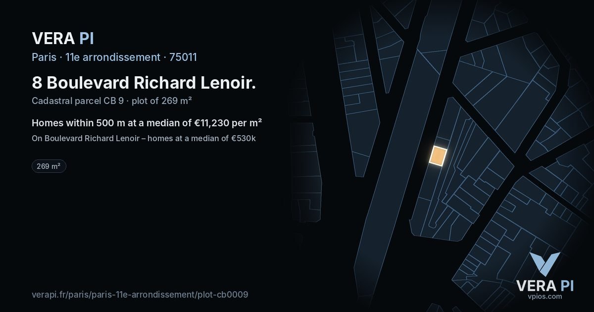 8 Boulevard Richard Lenoir, 11e arrondissement at night – the plot lit, the parcels around coloured by the prices near them