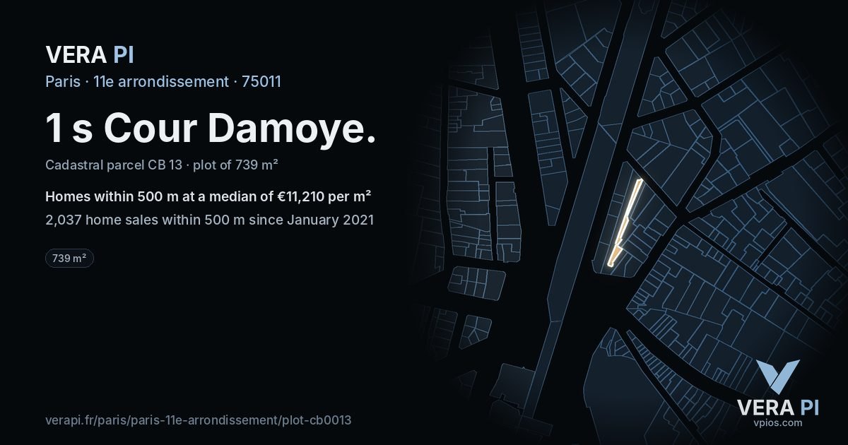 1 s Cour Damoye, 11e arrondissement at night – the plot lit, the parcels around coloured by the prices near them