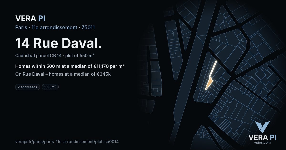 14 Rue Daval, 11e arrondissement at night – the plot lit, the parcels around coloured by the prices near them