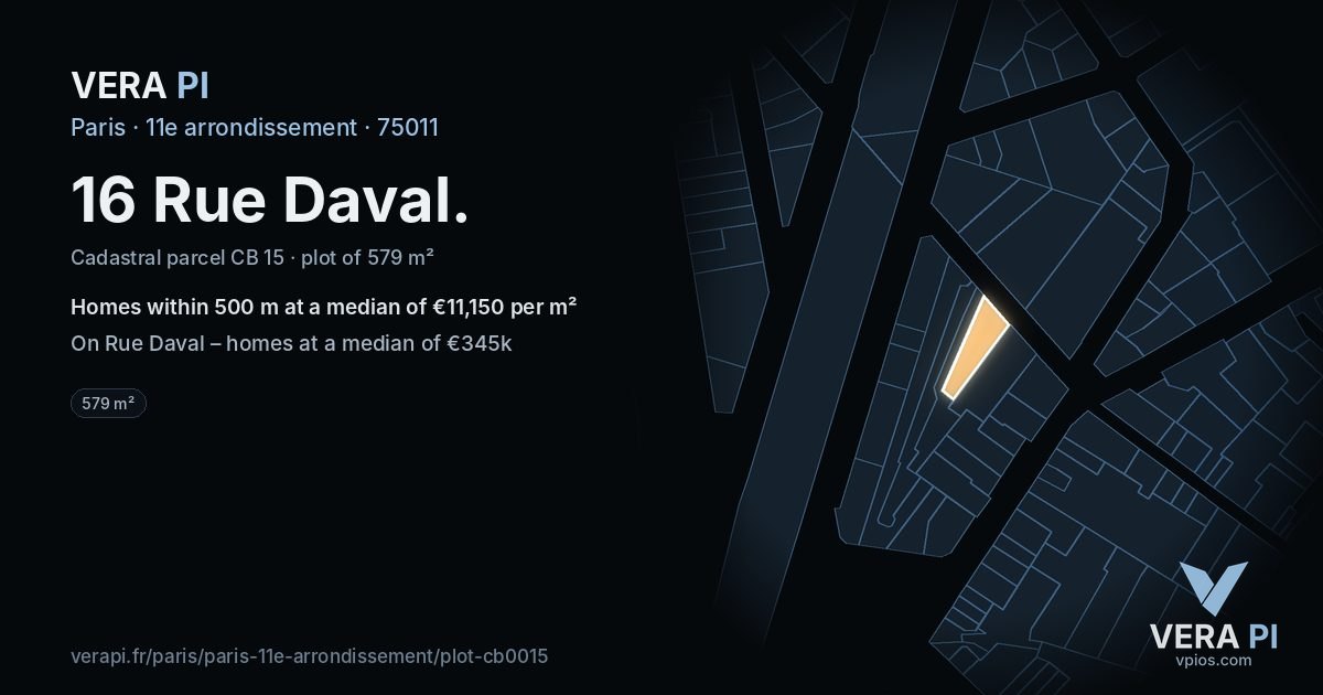 16 Rue Daval, 11e arrondissement at night – the plot lit, the parcels around coloured by the prices near them