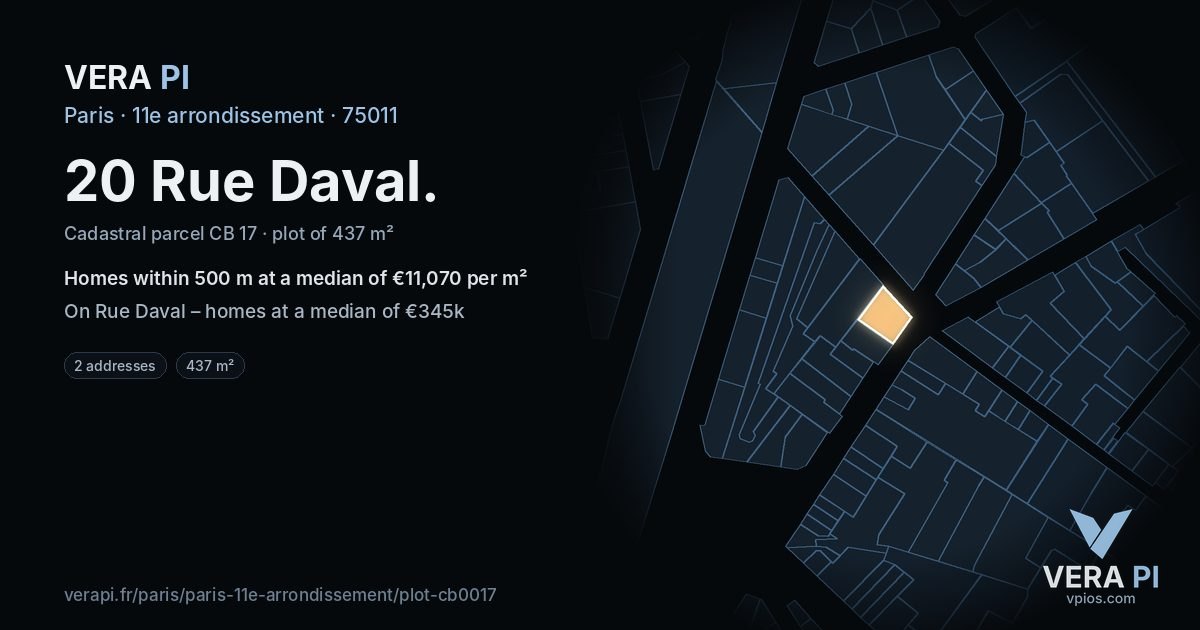 20 Rue Daval, 11e arrondissement at night – the plot lit, the parcels around coloured by the prices near them