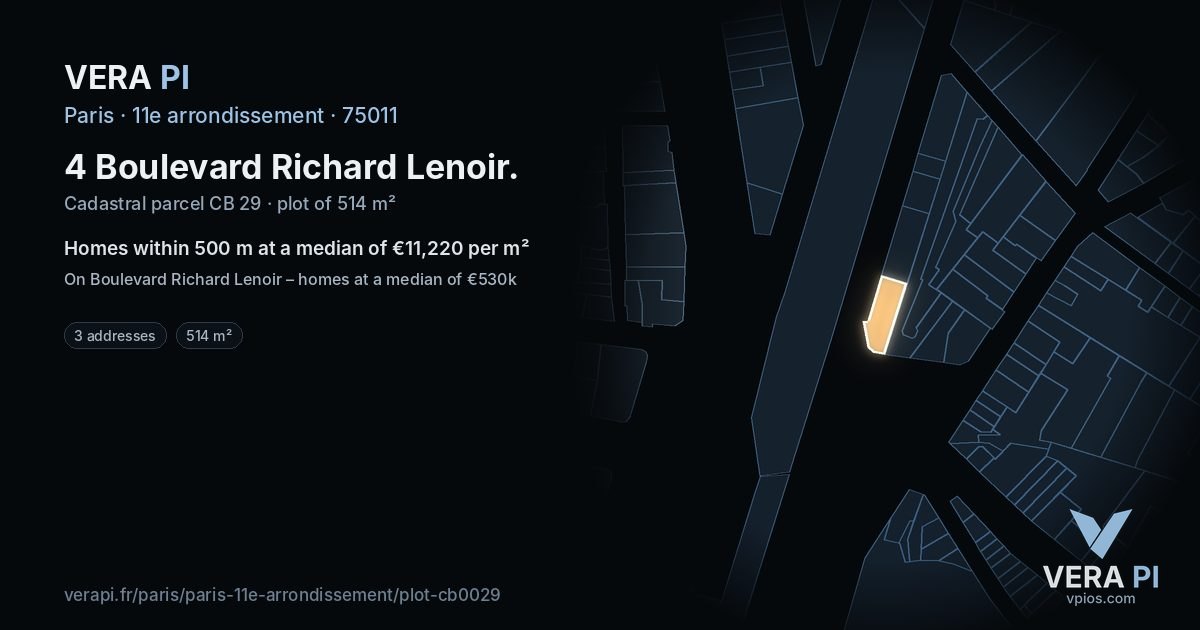 4 Boulevard Richard Lenoir, 11e arrondissement at night – the plot lit, the parcels around coloured by the prices near them