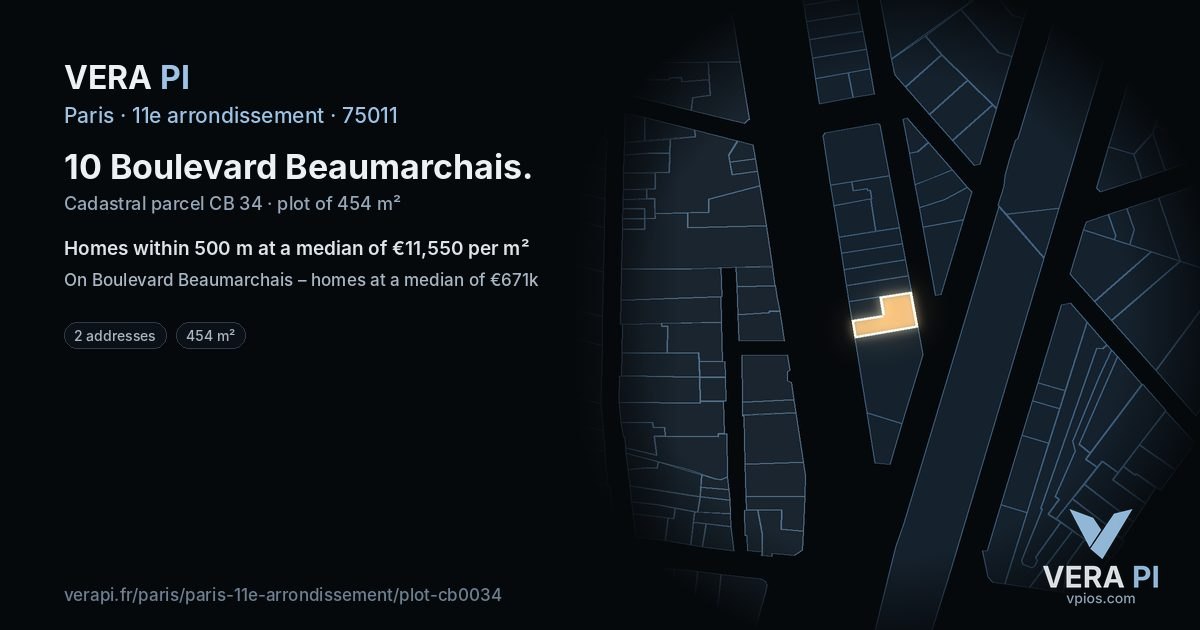 10 Boulevard Beaumarchais, 11e arrondissement at night – the plot lit, the parcels around coloured by the prices near them