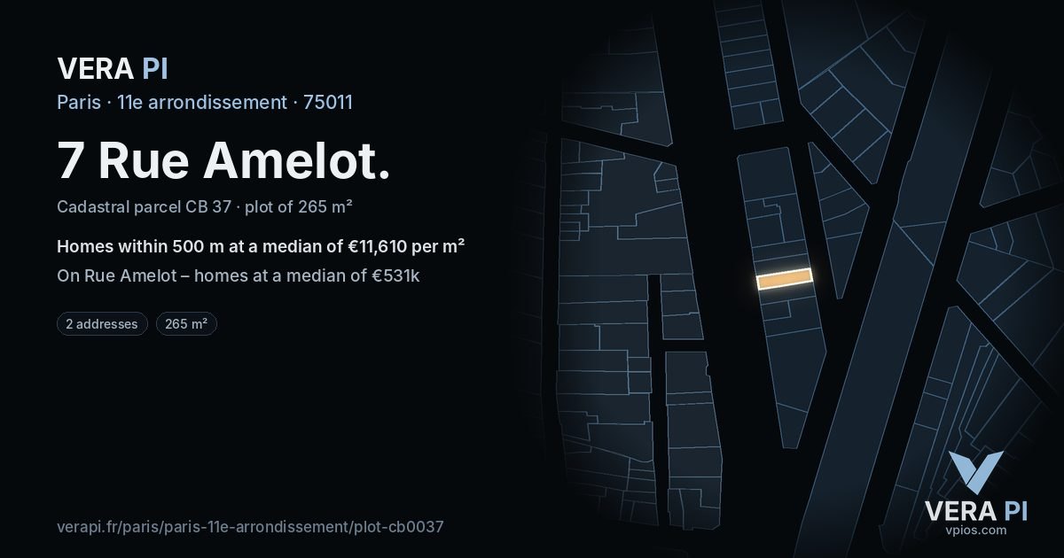 7 Rue Amelot, 11e arrondissement at night – the plot lit, the parcels around coloured by the prices near them
