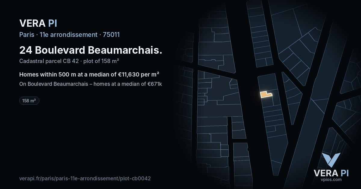 24 Boulevard Beaumarchais, 11e arrondissement at night – the plot lit, the parcels around coloured by the prices near them