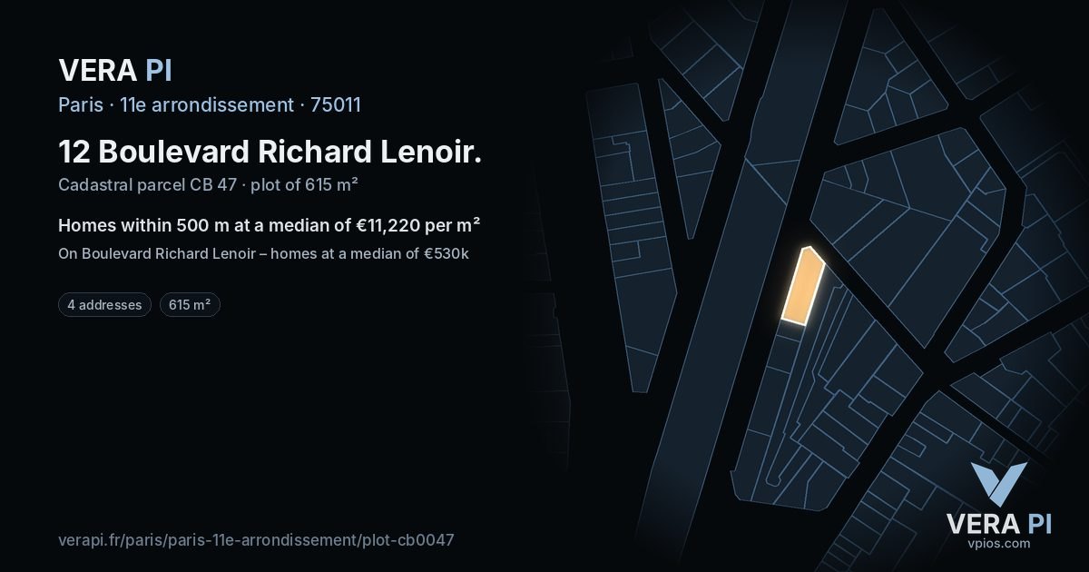 12 Boulevard Richard Lenoir, 11e arrondissement at night – the plot lit, the parcels around coloured by the prices near them