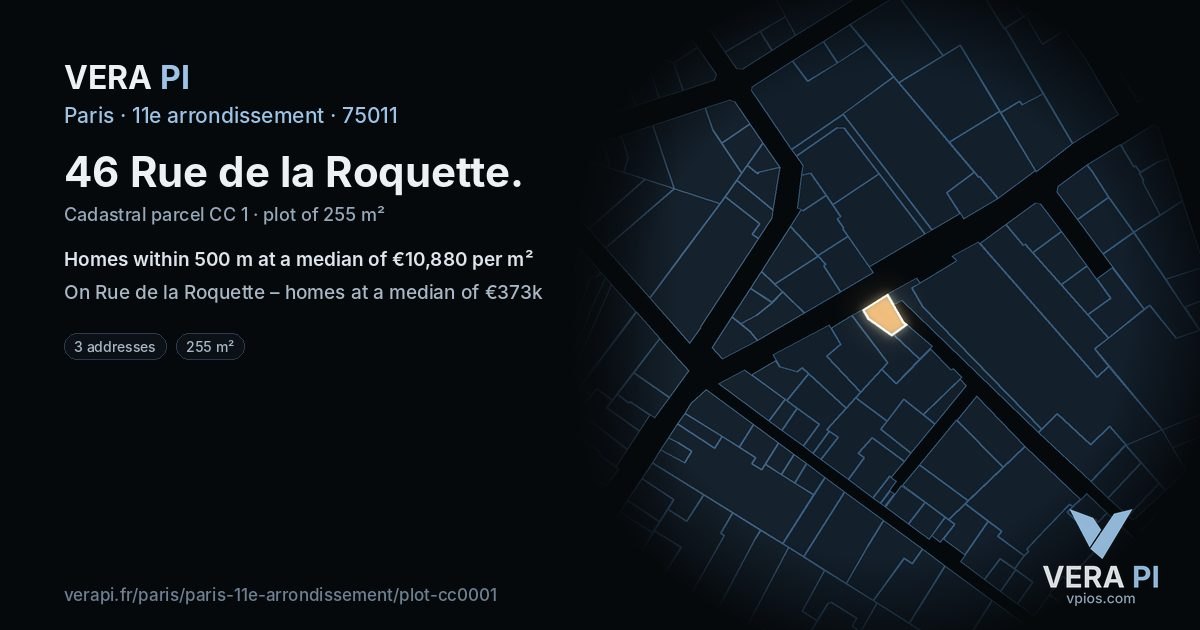 46 Rue de la Roquette, 11e arrondissement at night – the plot lit, the parcels around coloured by the prices near them
