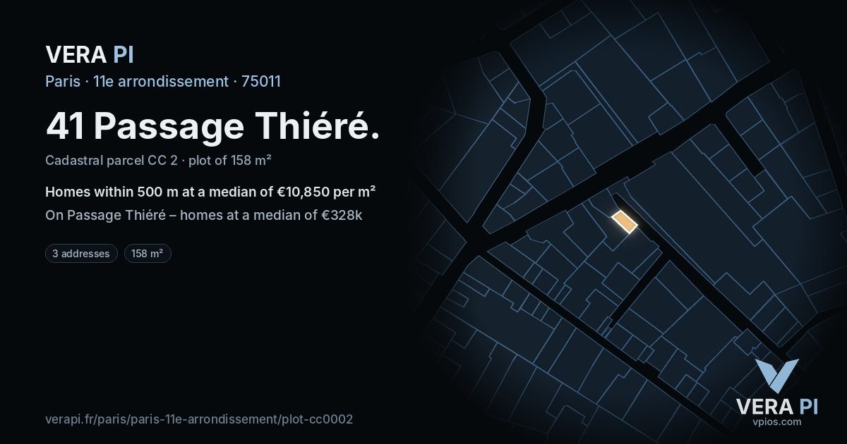 41 Passage Thiéré, 11e arrondissement at night – the plot lit, the parcels around coloured by the prices near them