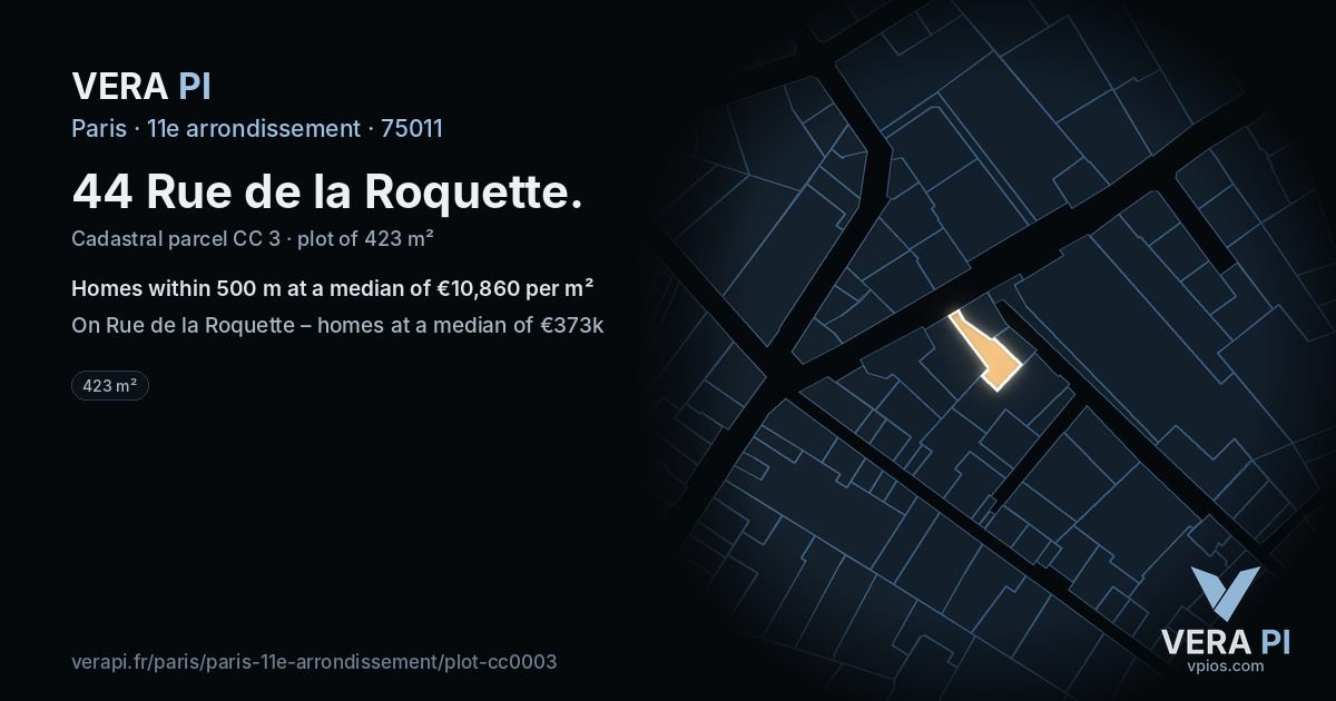 44 Rue de la Roquette, 11e arrondissement at night – the plot lit, the parcels around coloured by the prices near them