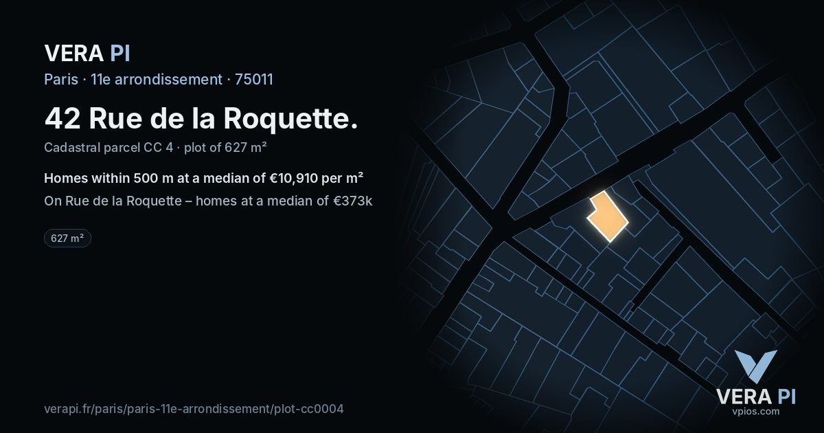 42 Rue de la Roquette, 11e arrondissement at night – the plot lit, the parcels around coloured by the prices near them