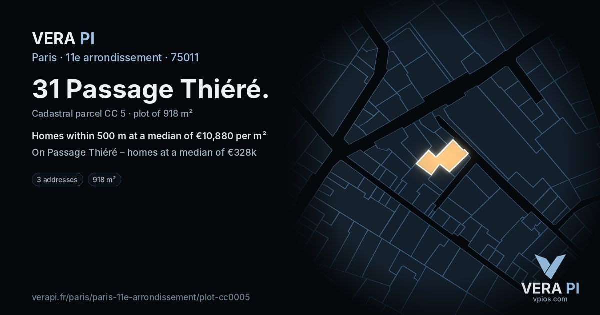 31 Passage Thiéré, 11e arrondissement at night – the plot lit, the parcels around coloured by the prices near them