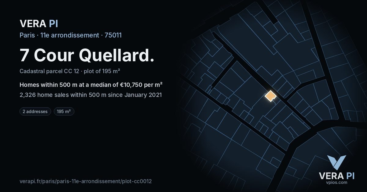 7 Cour Quellard, 11e arrondissement at night – the plot lit, the parcels around coloured by the prices near them