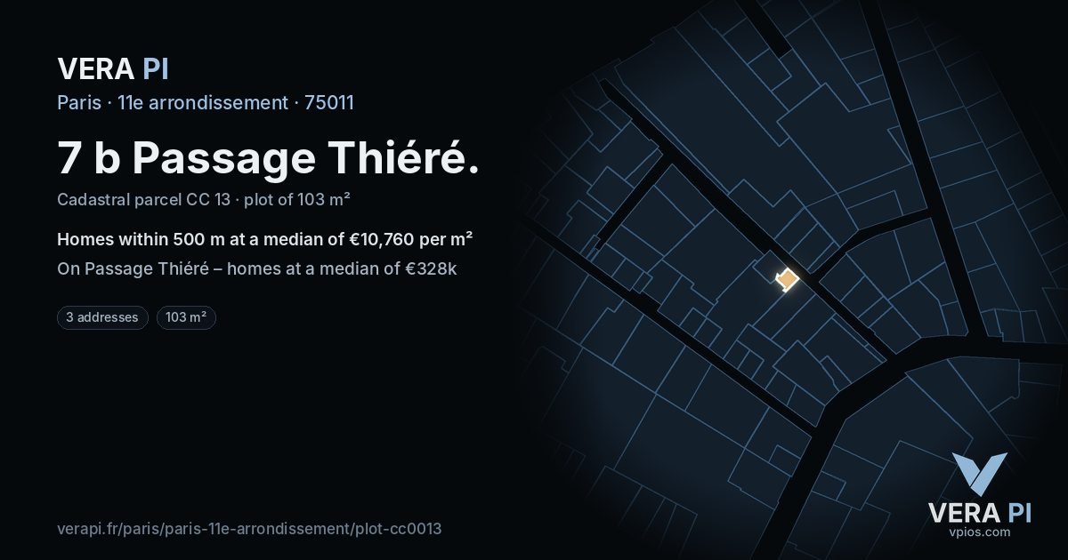 7 b Passage Thiéré, 11e arrondissement at night – the plot lit, the parcels around coloured by the prices near them
