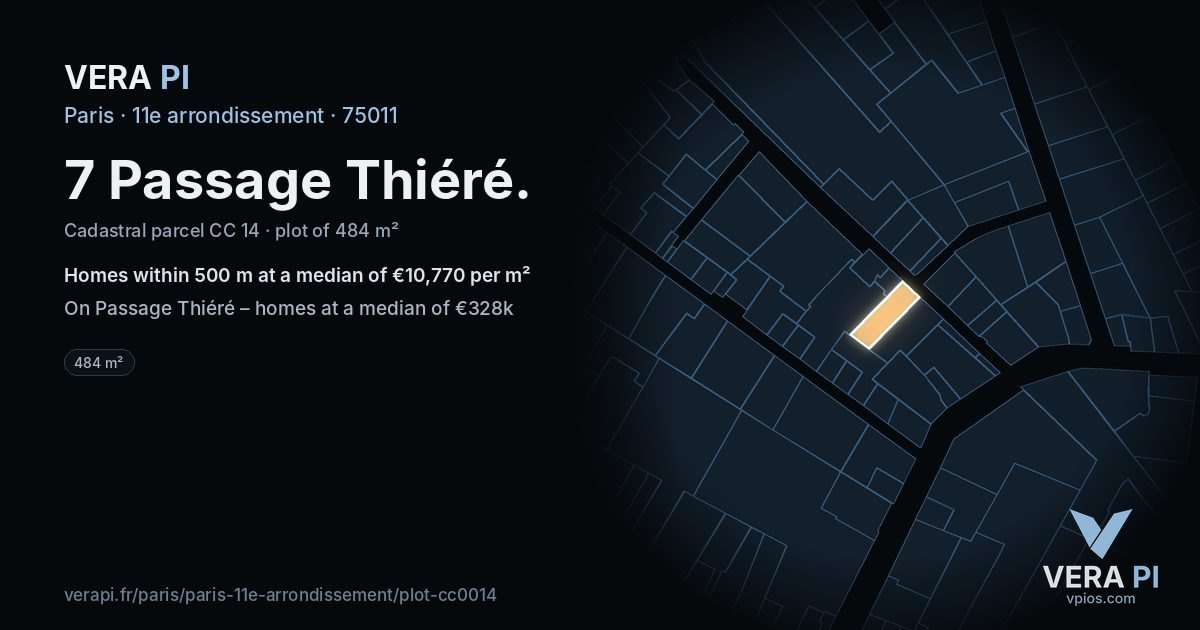 7 Passage Thiéré, 11e arrondissement at night – the plot lit, the parcels around coloured by the prices near them