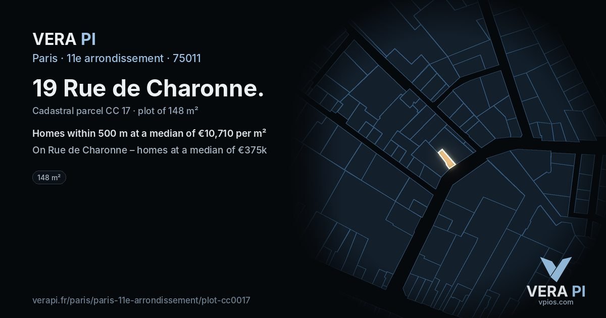 19 Rue de Charonne, 11e arrondissement at night – the plot lit, the parcels around coloured by the prices near them