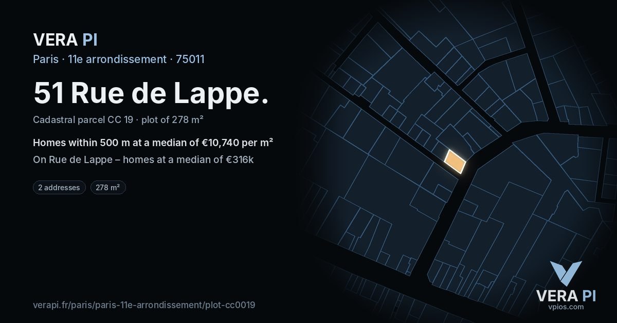 51 Rue de Lappe, 11e arrondissement at night – the plot lit, the parcels around coloured by the prices near them