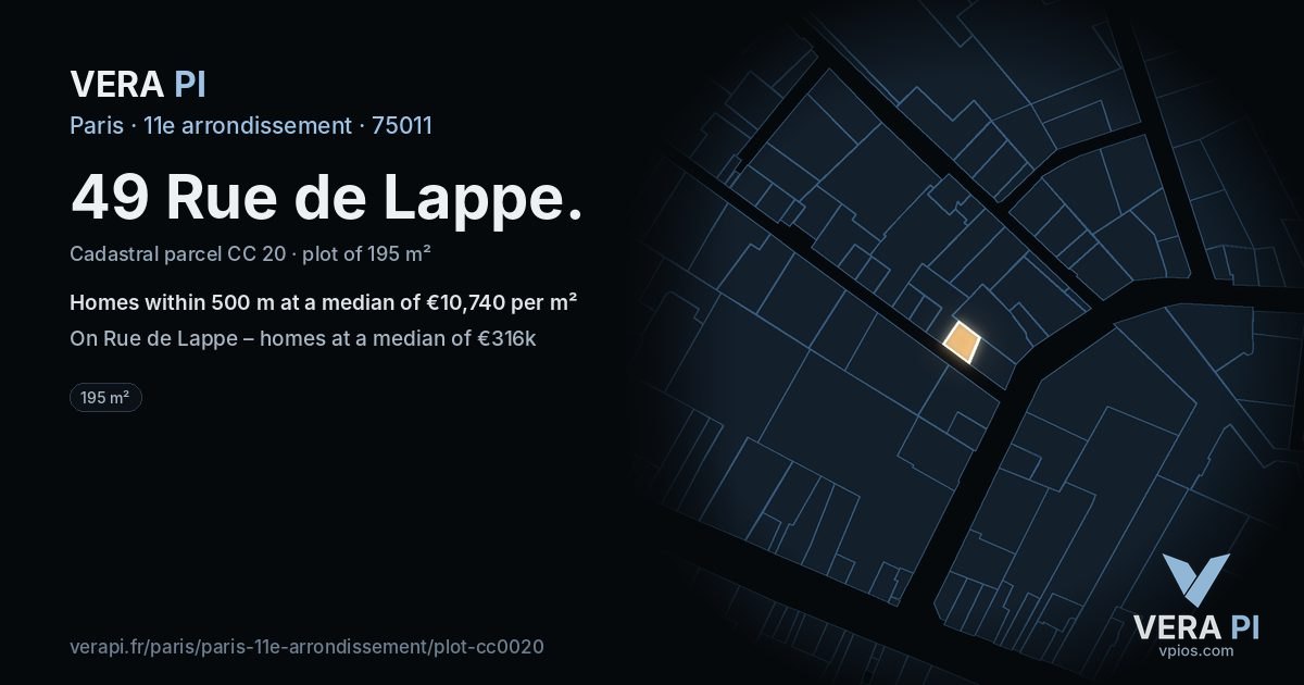 49 Rue de Lappe, 11e arrondissement at night – the plot lit, the parcels around coloured by the prices near them