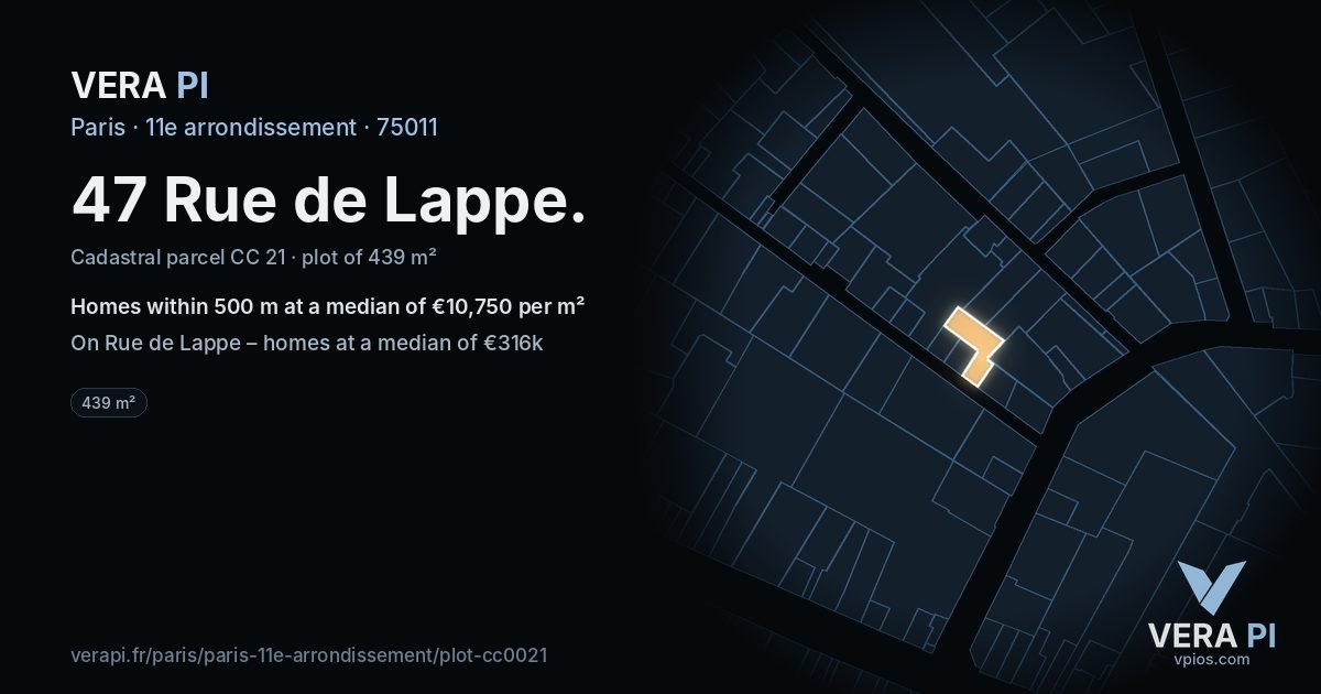 47 Rue de Lappe, 11e arrondissement at night – the plot lit, the parcels around coloured by the prices near them