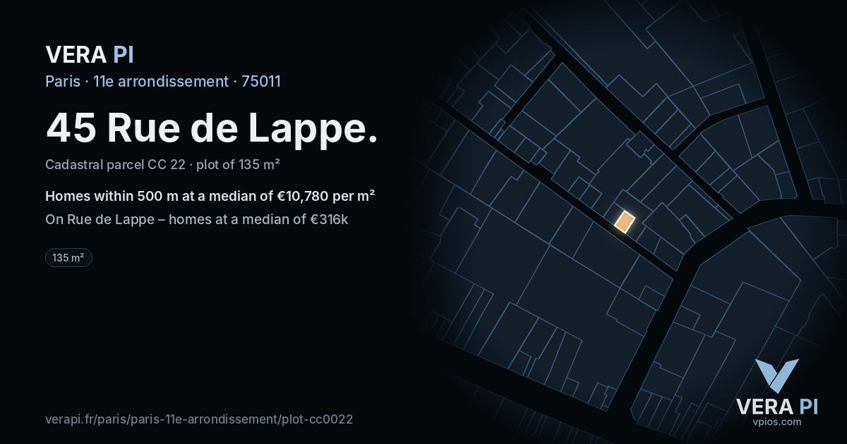 45 Rue de Lappe, 11e arrondissement at night – the plot lit, the parcels around coloured by the prices near them