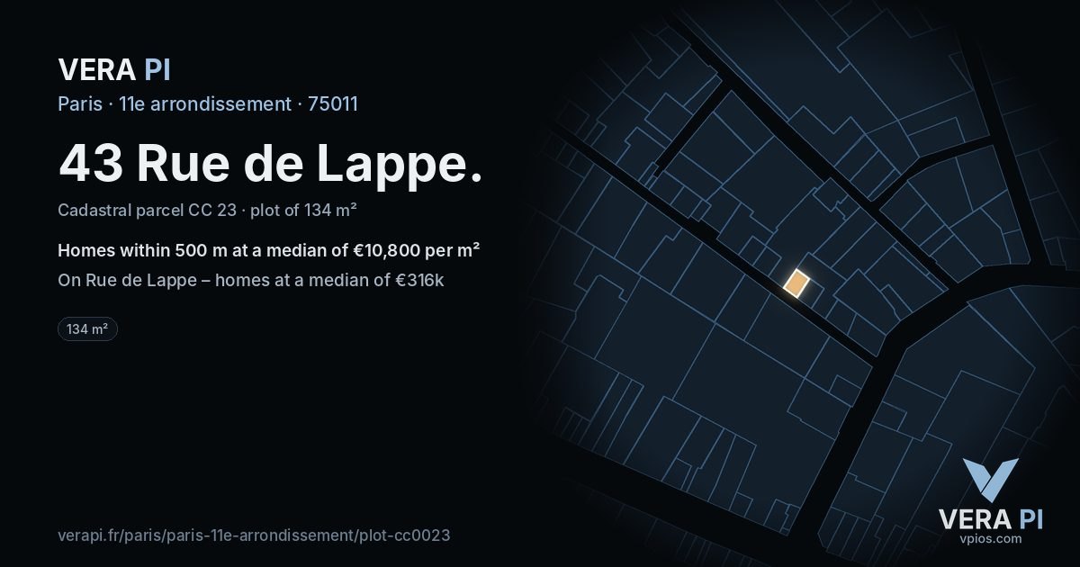 43 Rue de Lappe, 11e arrondissement at night – the plot lit, the parcels around coloured by the prices near them