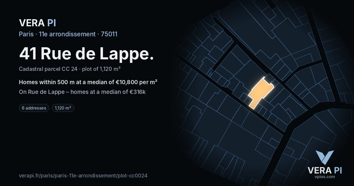 41 Rue de Lappe, 11e arrondissement at night – the plot lit, the parcels around coloured by the prices near them