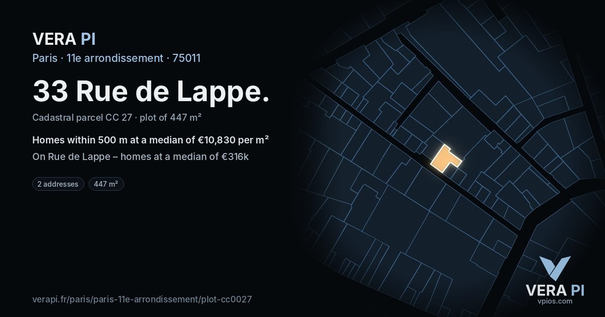 33 Rue de Lappe, 11e arrondissement at night – the plot lit, the parcels around coloured by the prices near them
