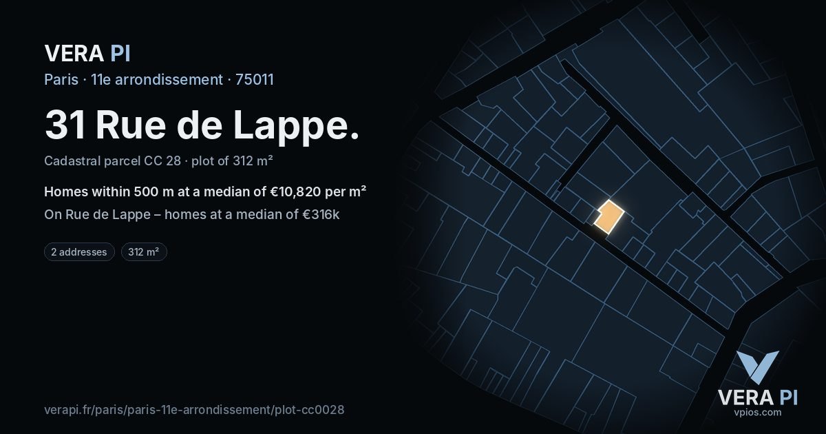 31 Rue de Lappe, 11e arrondissement at night – the plot lit, the parcels around coloured by the prices near them