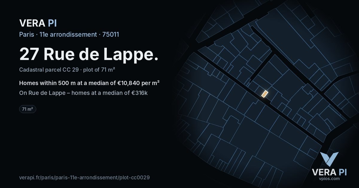 27 Rue de Lappe, 11e arrondissement at night – the plot lit, the parcels around coloured by the prices near them