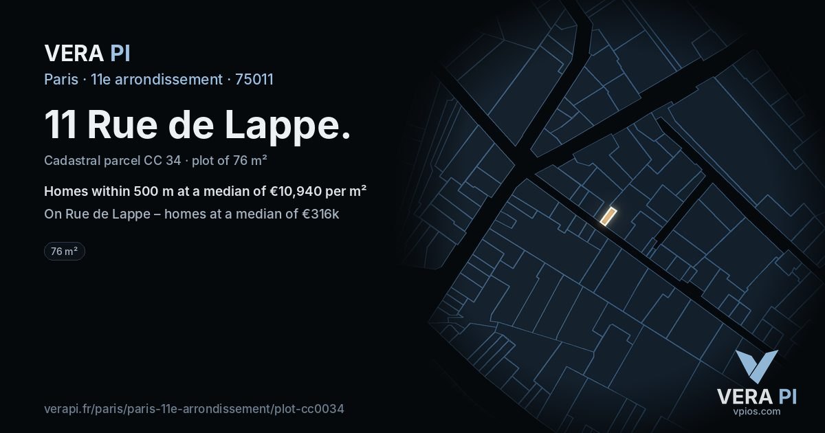 11 Rue de Lappe, 11e arrondissement at night – the plot lit, the parcels around coloured by the prices near them