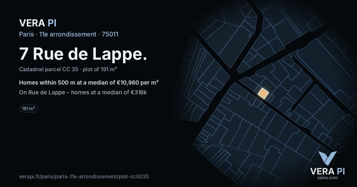 7 Rue de Lappe, 11e arrondissement at night – the plot lit, the parcels around coloured by the prices near them