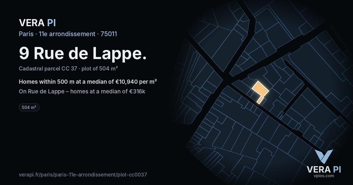9 Rue de Lappe, 11e arrondissement at night – the plot lit, the parcels around coloured by the prices near them