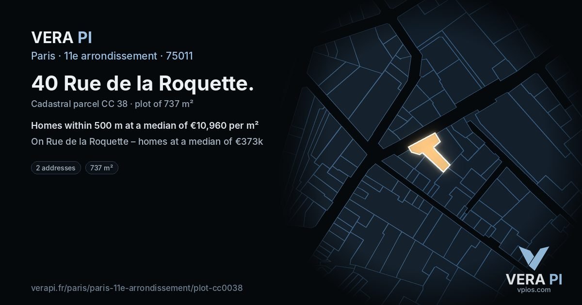 40 Rue de la Roquette, 11e arrondissement at night – the plot lit, the parcels around coloured by the prices near them