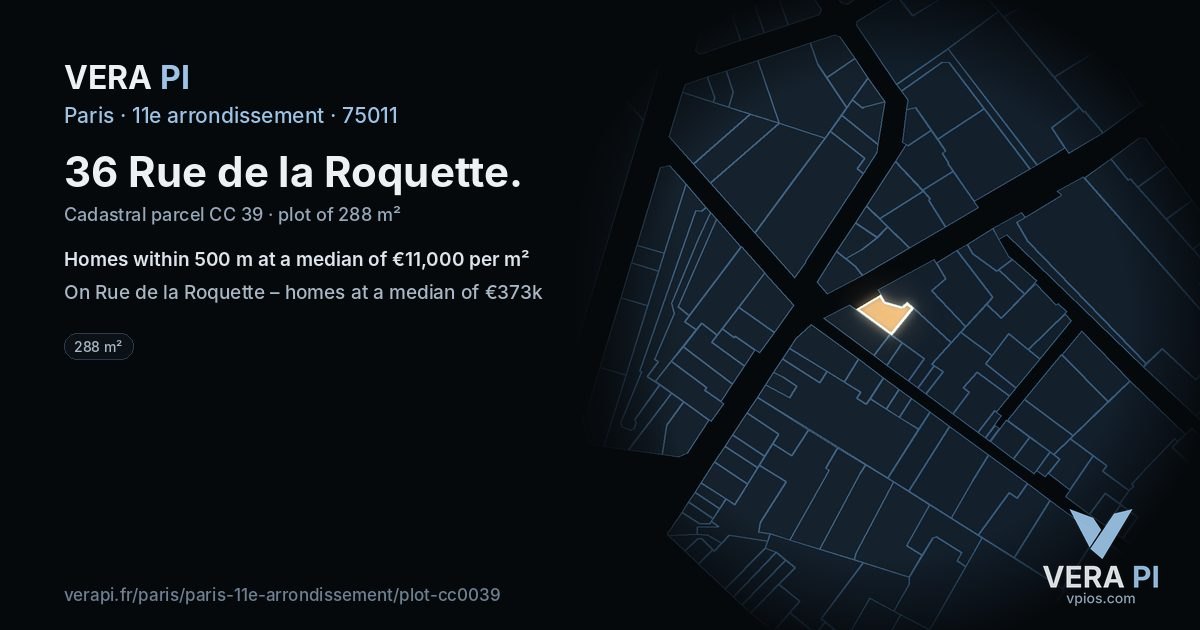 36 Rue de la Roquette, 11e arrondissement at night – the plot lit, the parcels around coloured by the prices near them