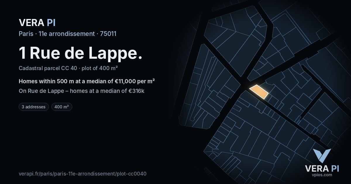 1 Rue de Lappe, 11e arrondissement at night – the plot lit, the parcels around coloured by the prices near them