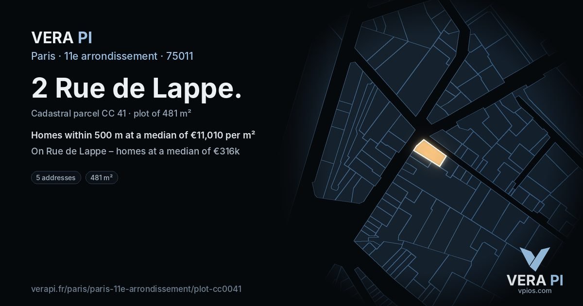 2 Rue de Lappe, 11e arrondissement at night – the plot lit, the parcels around coloured by the prices near them