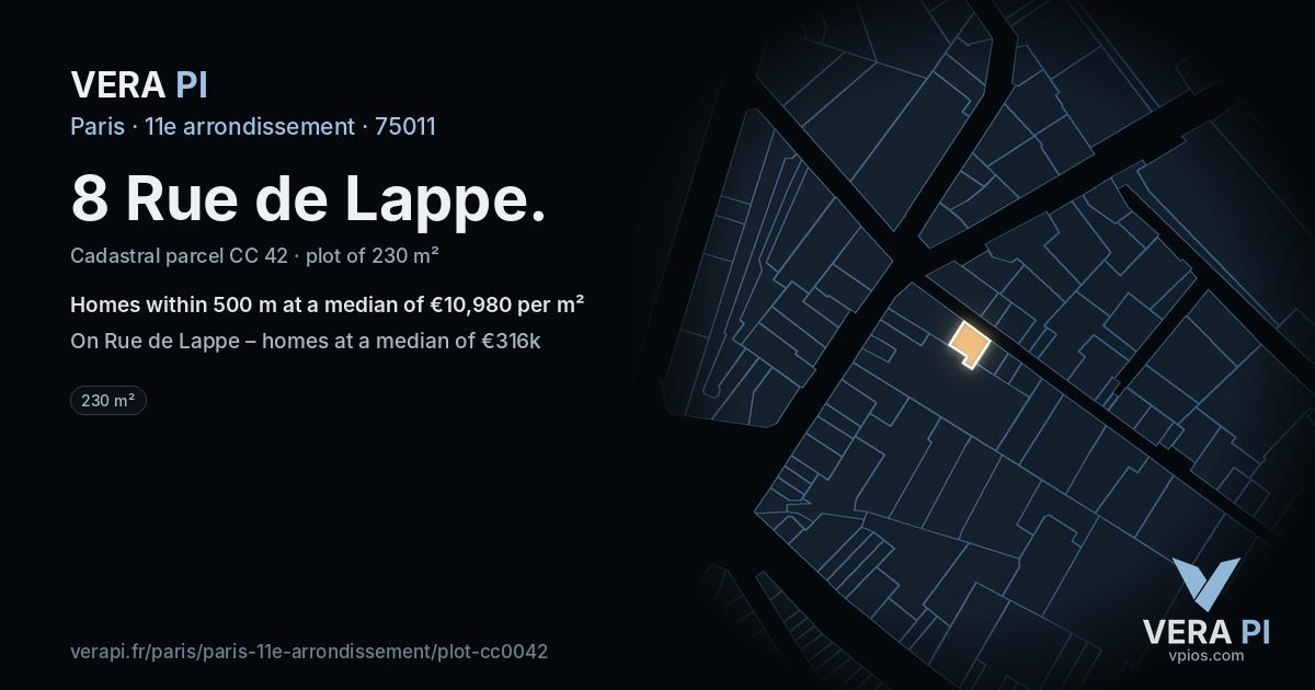 8 Rue de Lappe, 11e arrondissement at night – the plot lit, the parcels around coloured by the prices near them