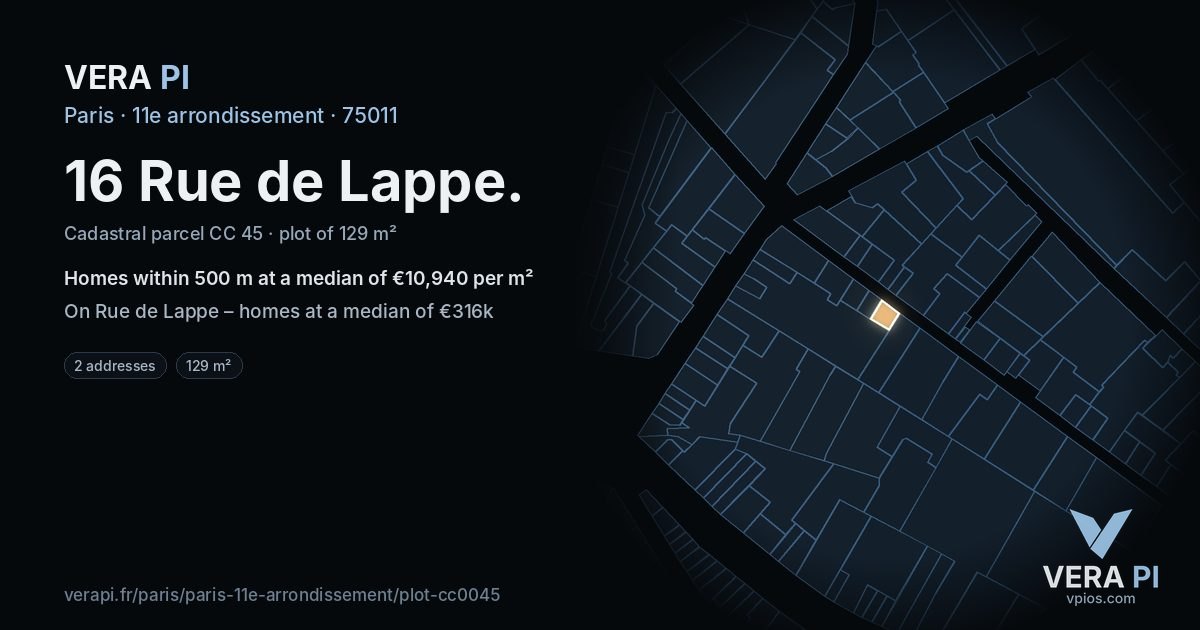 16 Rue de Lappe, 11e arrondissement at night – the plot lit, the parcels around coloured by the prices near them