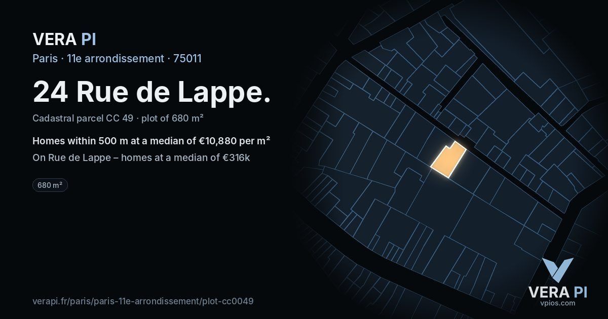 24 Rue de Lappe, 11e arrondissement at night – the plot lit, the parcels around coloured by the prices near them