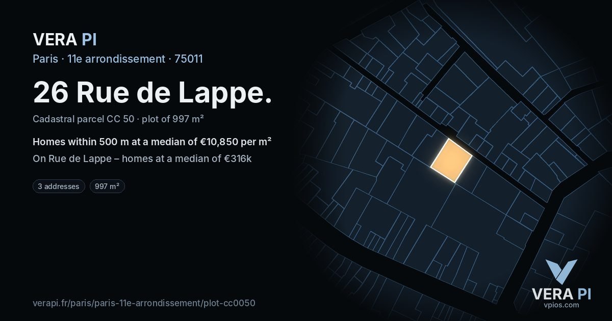 26 Rue de Lappe, 11e arrondissement at night – the plot lit, the parcels around coloured by the prices near them