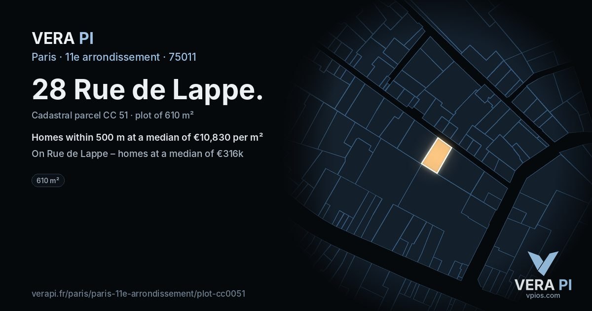 28 Rue de Lappe, 11e arrondissement at night – the plot lit, the parcels around coloured by the prices near them