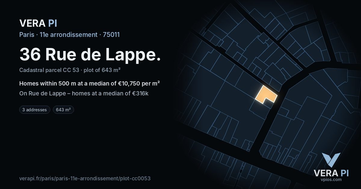 36 Rue de Lappe, 11e arrondissement at night – the plot lit, the parcels around coloured by the prices near them