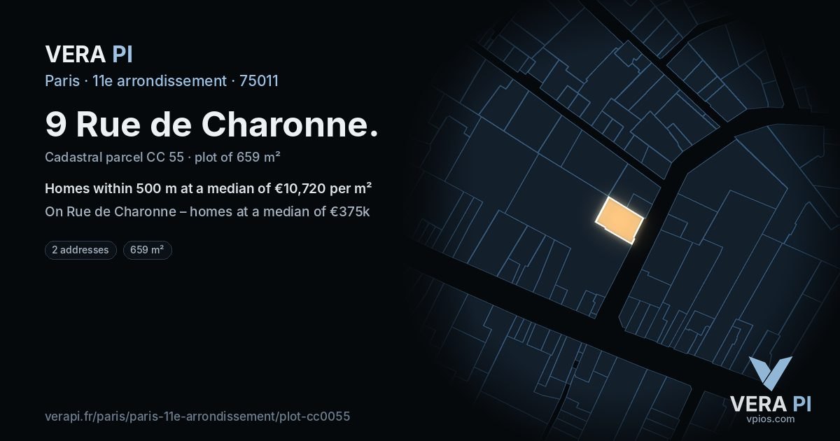 9 Rue de Charonne, 11e arrondissement at night – the plot lit, the parcels around coloured by the prices near them