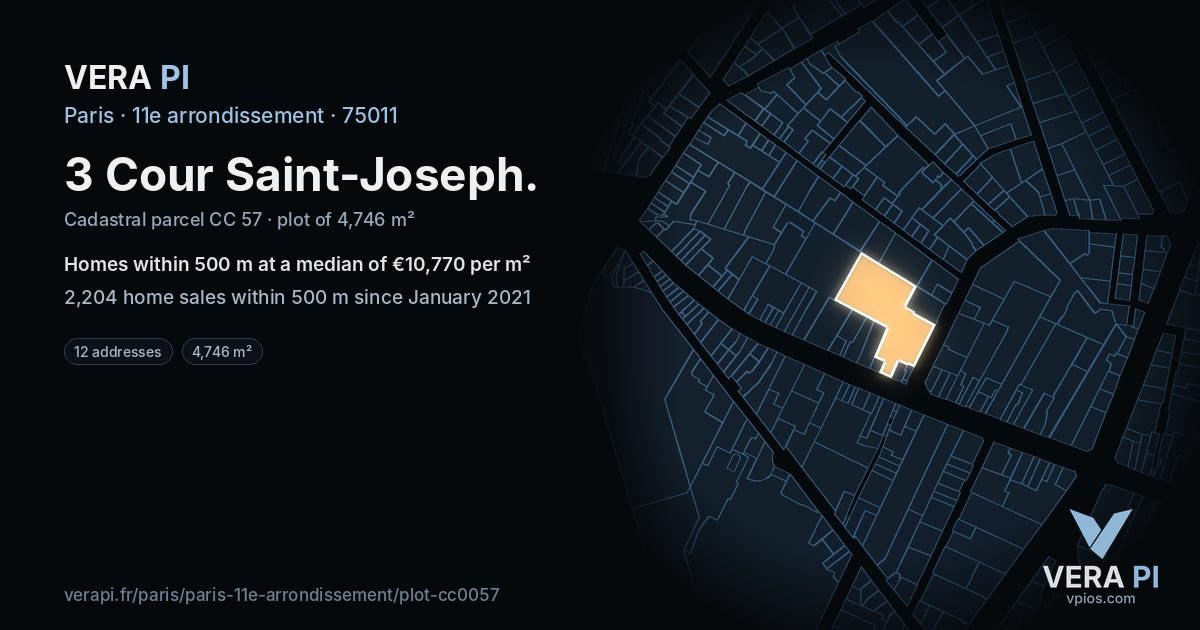 3 Cour Saint-Joseph, 11e arrondissement at night – the plot lit, the parcels around coloured by the prices near them