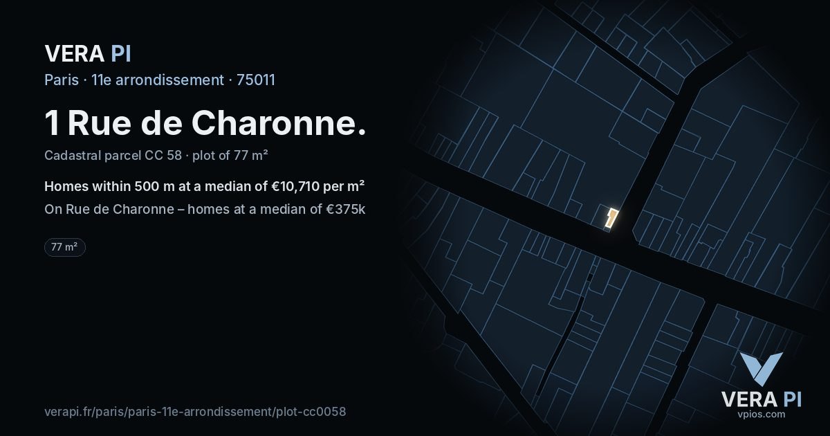 1 Rue de Charonne, 11e arrondissement at night – the plot lit, the parcels around coloured by the prices near them