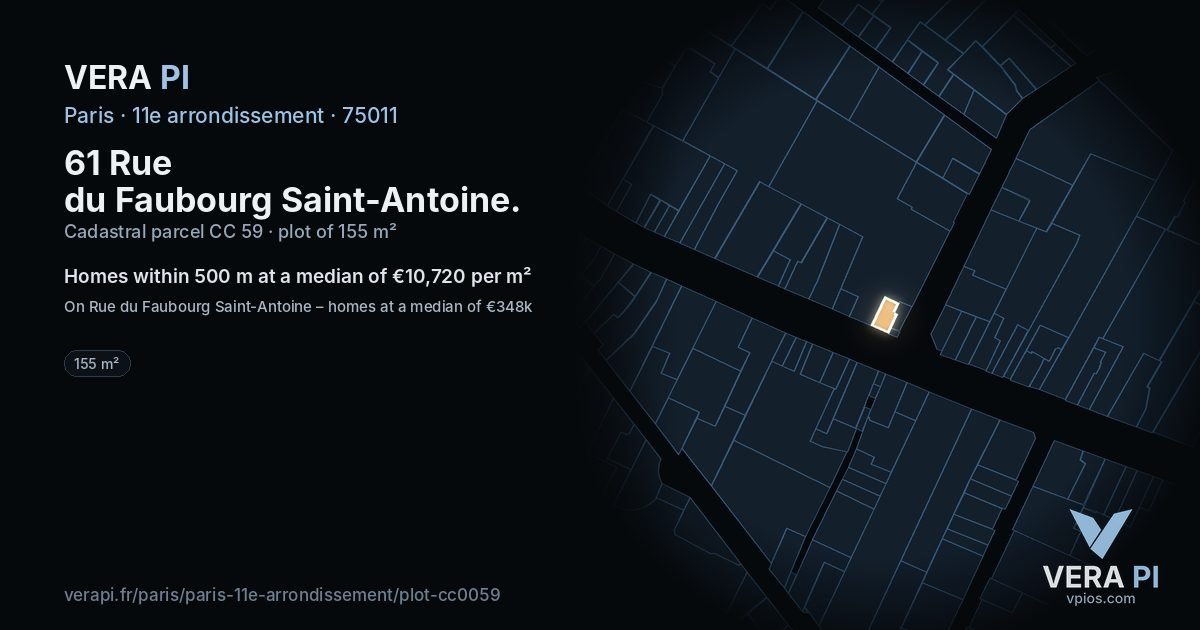 61 Rue du Faubourg Saint-Antoine, 11e arrondissement at night – the plot lit, the parcels around coloured by the prices near them